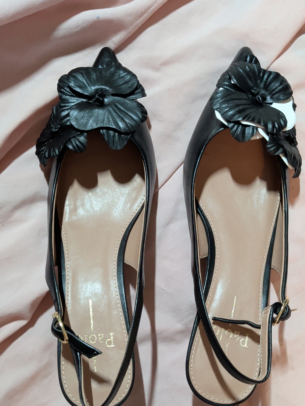 Linea Paolo Castiel Black Floral Appliqué Slingback Flats